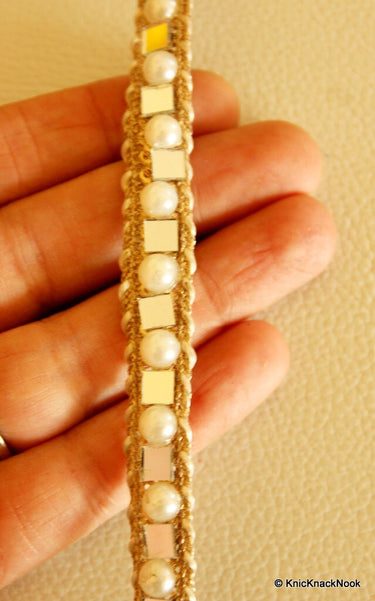 Silver Woven Thread Lace Trim With Mirror And Pearl Embellishments, Approx. 12mm Wide